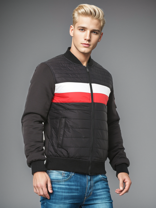 Black Puffer Jacket with Contrast Stripes
